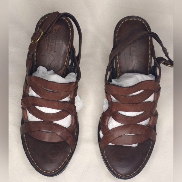 Born Shoes - Born Leather Bohemian Woven Strappy Slingback Brown Classic Hippie Wedge Sandals